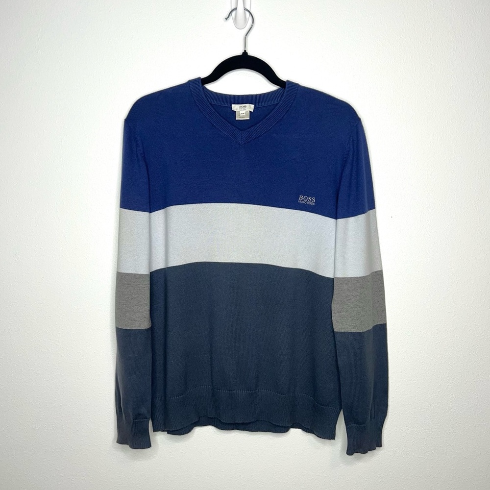 Hugo Boss Colorblock V-Neck Sweater Long Sleeves Cotton Blue Boy’s Size 16-M